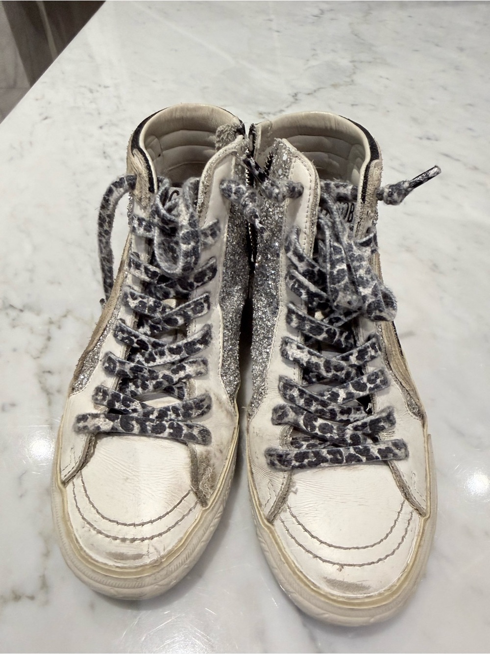 Golden Goose White Sneakers with Silver Glitter and Gray Leopard Laces